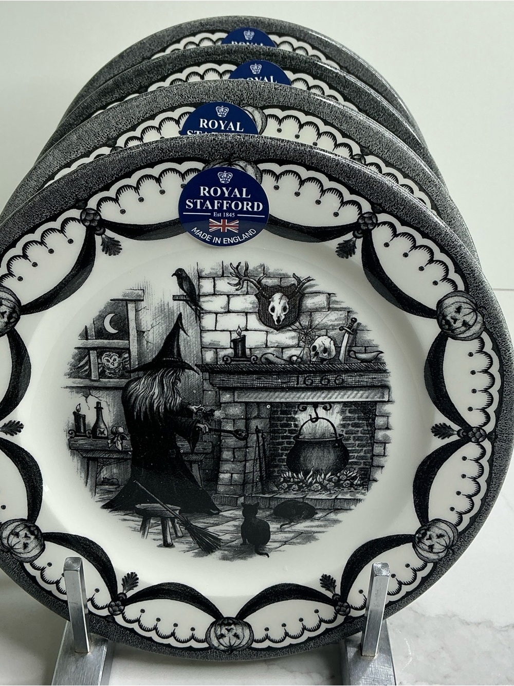 4 Royal Stafford Salad Plates HALLOWEEN HOME 8in Ceramic Spooky Boo New